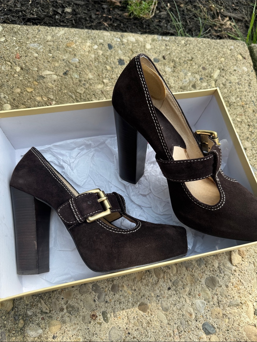 Michael Kors Dark Brown Suede Buckle Block Heel Mary Jane Pumps